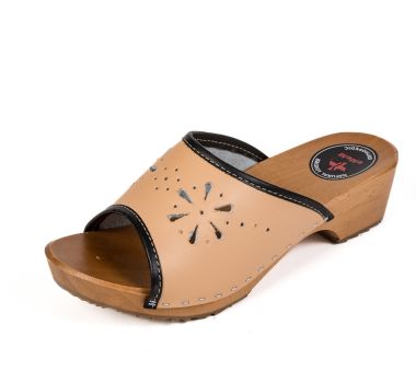 Polmar® Drewniaki  chodaki ortopedyczne damskie perforowane kwiaty ciemny beż